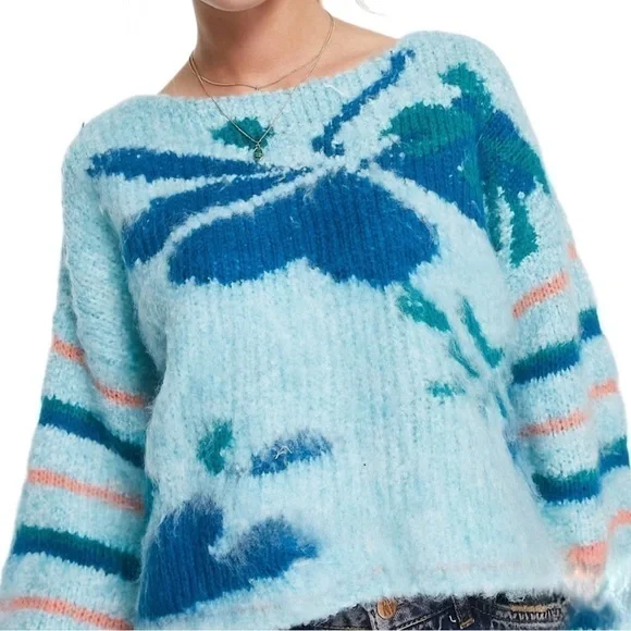 NWT Free People Lily Mixed Print Cropped Sweater, Sky Blue, Size XS - Picture 2 of 11